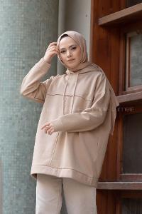 Modalamelif Dikiş Detaylı Kapşonlu Sweatshirt Bej