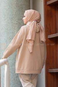 Modalamelif Dikiş Detaylı Kapşonlu Sweatshirt Bej