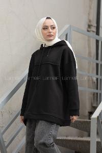 Modalamelif Dikiş Detaylı Kapşonlu Sweatshirt Siyah