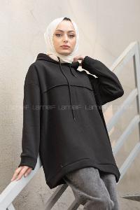 Modalamelif Dikiş Detaylı Kapşonlu Sweatshirt Siyah
