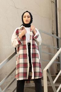 Modalamelif Ekose Garnili Kadife Gömlek Bordo