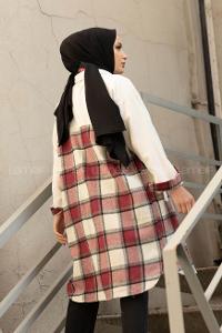 Modalamelif Ekose Garnili Kadife Gömlek Bordo