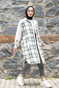 Modalamelif Ekose Garnili Kadife Gömlek Pastel Yeşili