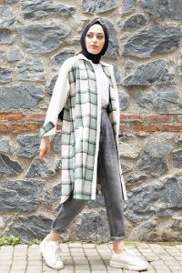 Modalamelif Ekose Garnili Kadife Gömlek Pastel Yeşili