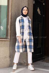 Modalamelif Ekose Garnili Kadife Gömlek Saks Mavisi