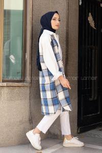 Modalamelif Ekose Garnili Kadife Gömlek Saks Mavisi