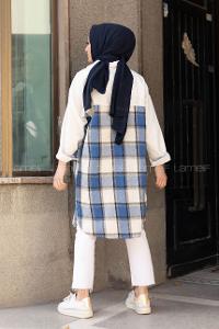 Modalamelif Ekose Garnili Kadife Gömlek Saks Mavisi