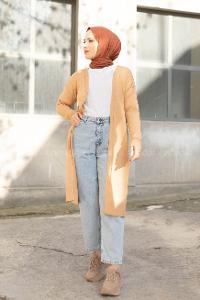 Modalamelif İnce Fitilli Triko Hırka Camel