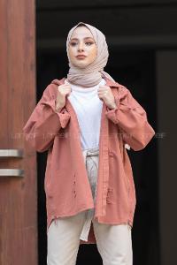 Modalamelif Kapşonlu Lazerli Kot Ceket Gül