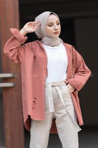 Modalamelif Kapşonlu Lazerli Kot Ceket Gül