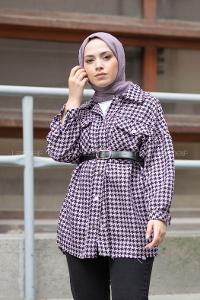 Modalamelif Kazayağı Desen Kemerli Gömlek Lila