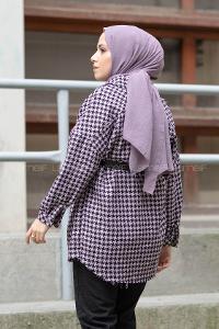 Modalamelif Kazayağı Desen Kemerli Gömlek Lila