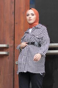 Modalamelif Kazayağı Desen Kemerli Gömlek Siyah Beyaz