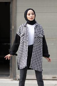 Modalamelif Kazayağı Desen Kol Kot Garnili Ceket Siyah