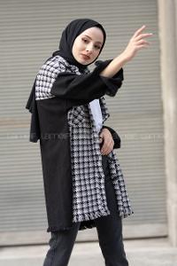 Modalamelif Kazayağı Desen Kol Kot Garnili Ceket Siyah