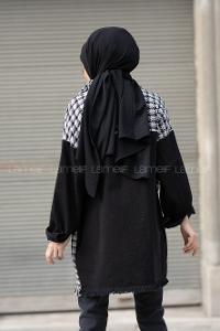 Modalamelif Kazayağı Desen Kol Kot Garnili Ceket Siyah