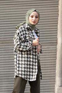 Modalamelif Kazayağı Desen Oversize Gömlek Haki