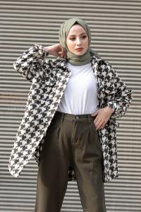 Modalamelif Kazayağı Desen Oversize Gömlek Haki