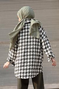 Modalamelif Kazayağı Desen Oversize Gömlek Haki