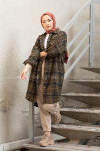 Modalamelif Kemerli Ekose Desen Uzun Gömlek Haki