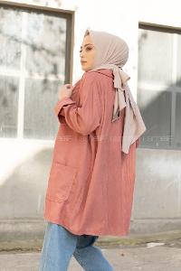 Modalamelif Körük Cep Kadife Gömlek Gül