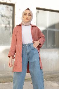 Modalamelif Körük Cep Kadife Gömlek Gül