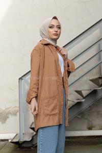 Modalamelif Körük Cep Kadife Gömlek Sütlü Kahve