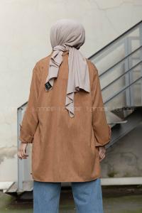 Modalamelif Körük Cep Kadife Gömlek Sütlü Kahve