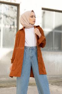 Modalamelif Körük Cep Kadife Gömlek Taba