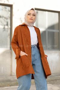 Modalamelif Körük Cep Kadife Gömlek Taba