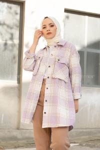 Modalamelif Körük Cepli Metal Düğme Ekose Gömlek Lila