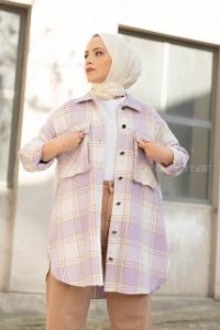 Modalamelif Körük Cepli Metal Düğme Ekose Gömlek Lila