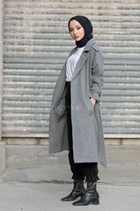 Modalamelif Kuşak Bağlamalı Kaşe Kaban Gri