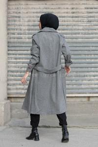 Modalamelif Kuşak Bağlamalı Kaşe Kaban Gri