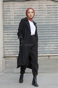 Modalamelif Kuşak Bağlamalı Kaşe Kaban Siyah