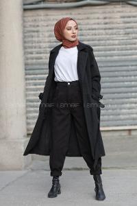 Modalamelif Kuşak Bağlamalı Kaşe Kaban Siyah