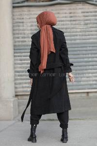 Modalamelif Kuşak Bağlamalı Kaşe Kaban Siyah