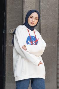 Modalamelif Nasa Üç İplik Yazı Baskılı Kapşonlu Sweat Beyaz