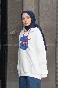 Modalamelif Nasa Üç İplik Yazı Baskılı Kapşonlu Sweat Beyaz