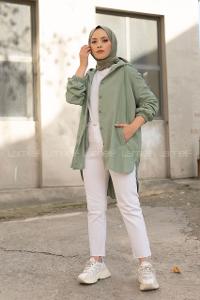 Modalamelif Önü Düğmeli Kapşonlu Kadife Gömlek Çağla