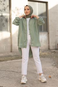 Modalamelif Önü Düğmeli Kapşonlu Kadife Gömlek Çağla