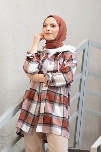 Modalamelif Penye Kapşonlu Ekose Oduncu Gömlek Kiremit