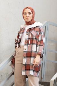 Modalamelif Penye Kapşonlu Ekose Oduncu Gömlek Kiremit