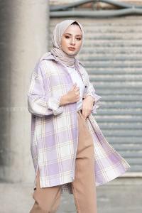 Modalamelif Tek Cepli Ekose Oduncu Gömlek Vizonrengi Lila