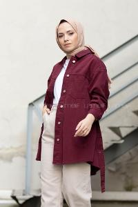Modalamelif Yan Cep Kuşaklı Kot Ceket Bordo