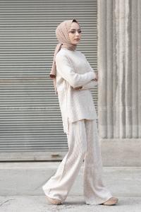 Modalamelif Yarım Balıkçı Yaka Triko İkili Takım Krem