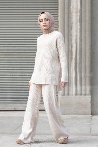 Modalamelif Yarım Balıkçı Yaka Triko İkili Takım Krem