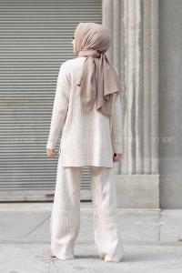 Modalamelif Yarım Balıkçı Yaka Triko İkili Takım Krem