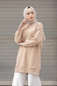 Modalamelif Bisiklet Yaka Balon Kol Uzun Tunik Bej