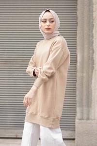 Modalamelif Bisiklet Yaka Balon Kol Uzun Tunik Bej